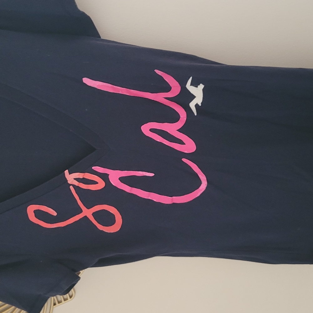 Navy V-Neck Tee with Pink Graphic
